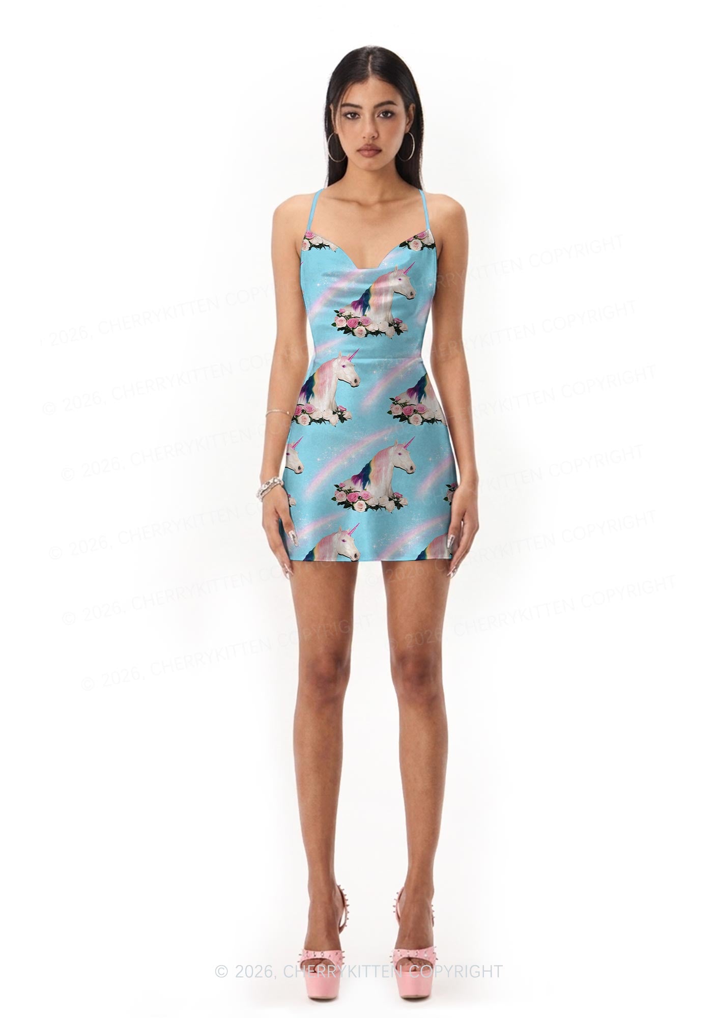 Blue Unicorn Y2K Print Satin Cowl Neck Slip Dress Cherrykitten