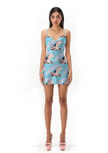 Blue Unicorn Y2K Print Satin Cowl Neck Slip Dress Cherrykitten