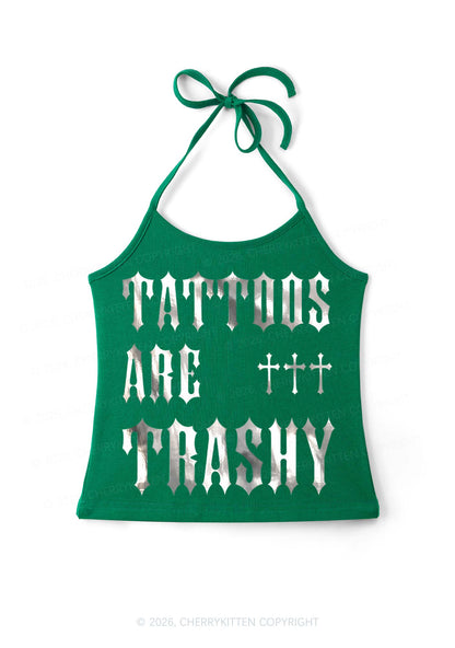 Tattoos Are Trashy Silver Foil Printed Y2K Halter Neck Cami Cherrykitten