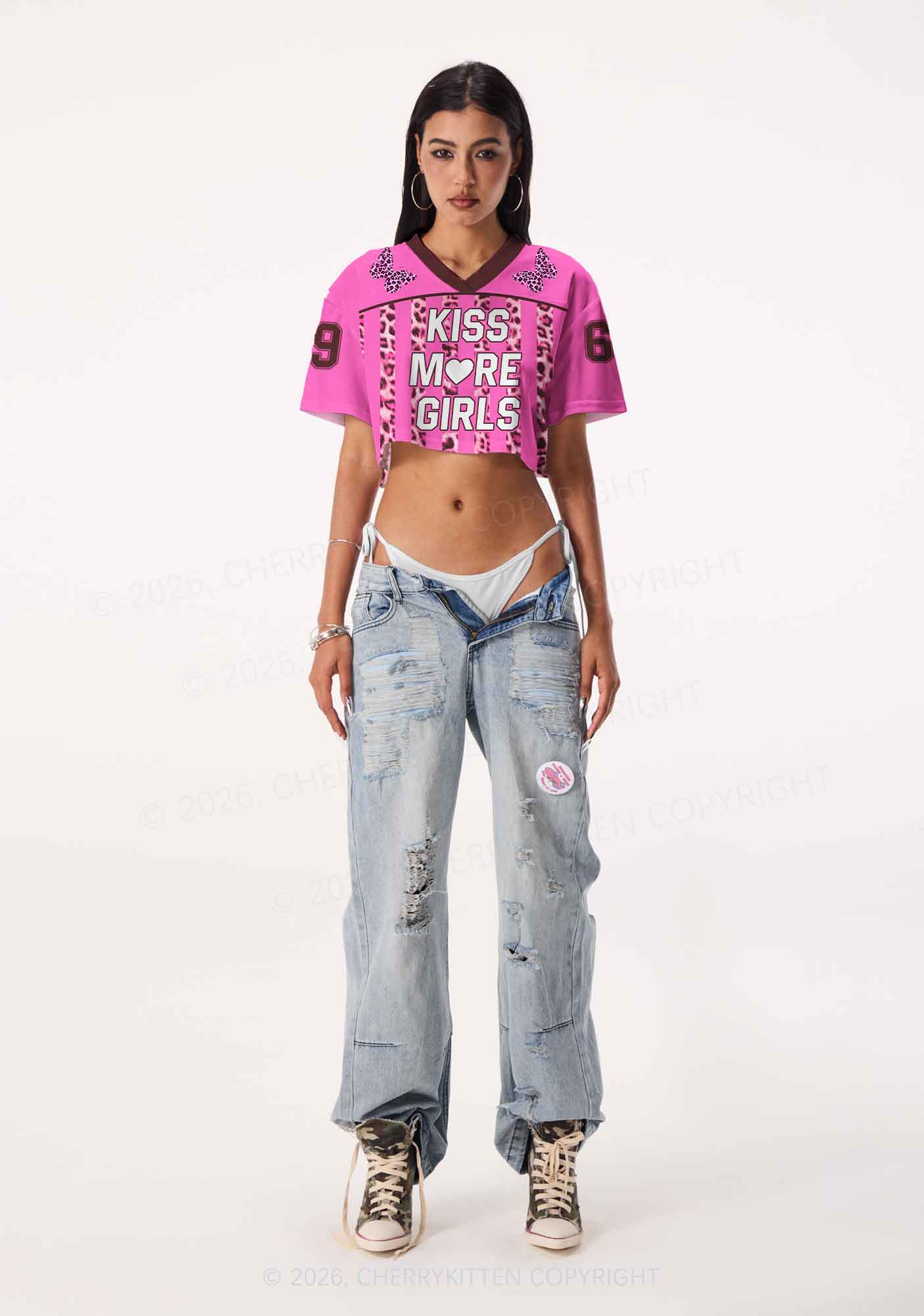 Kiss More Girls Leopard Butterfly Pride Y2K Crop Sport Jersey Shirts Cherrykitten
