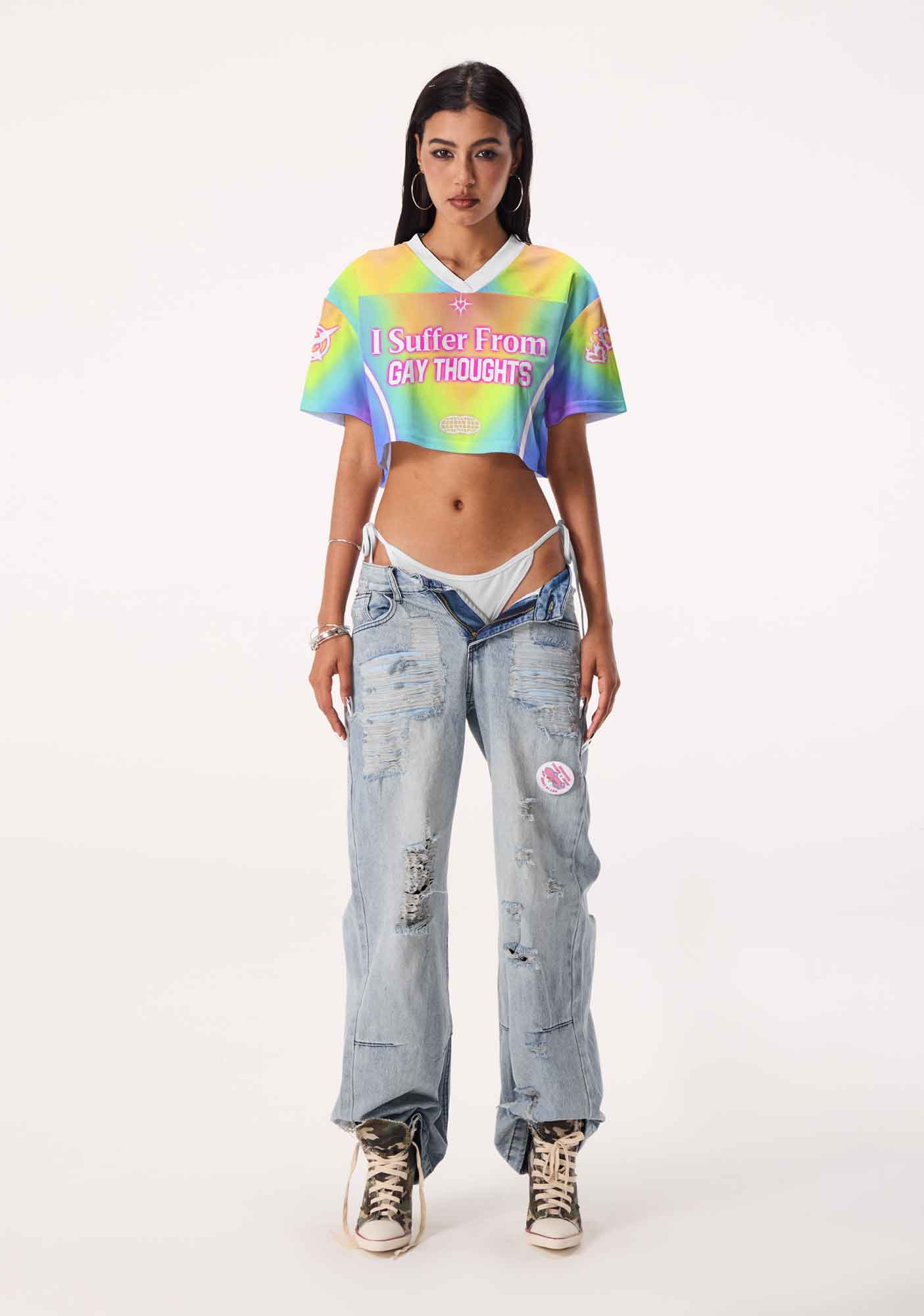 Rainbow Gradient Gay Thoughts Pride Y2K Crop Sport Jersey Shirts Cherrykitten
