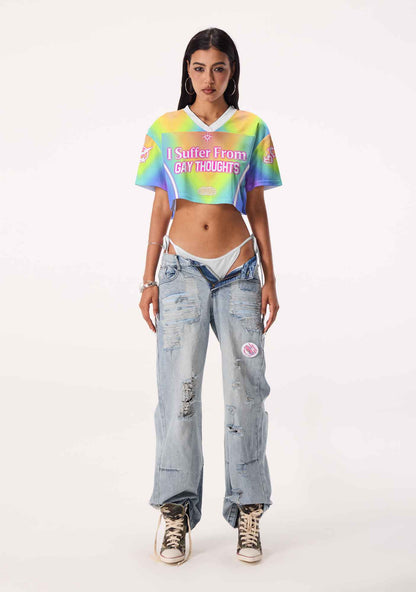 Rainbow Gradient Gay Thoughts Pride Y2K Crop Sport Jersey Shirts Cherrykitten