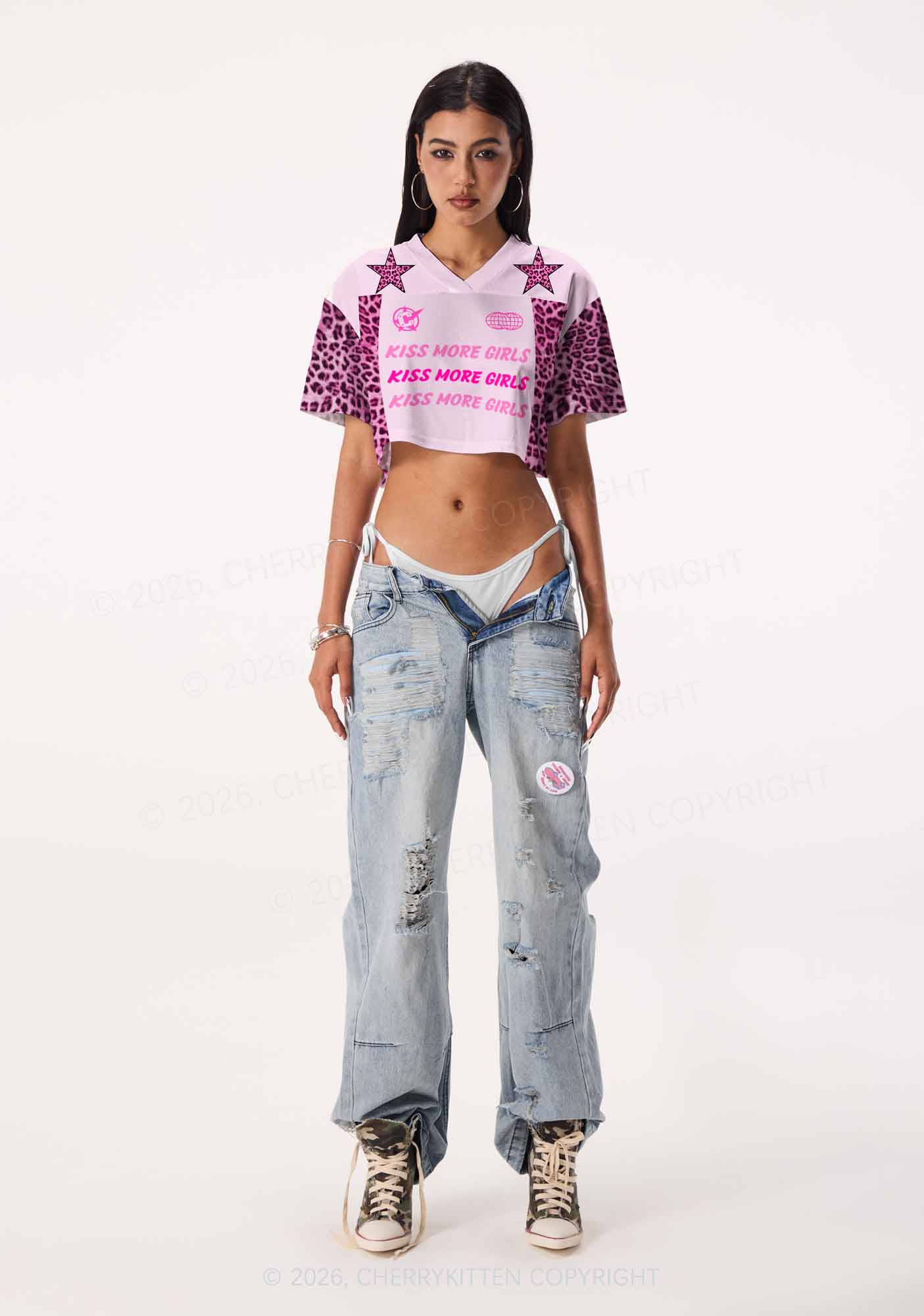 Kiss More Girls Pink Leopard Pride Y2K Crop Sport Jersey Shirts Cherrykitten