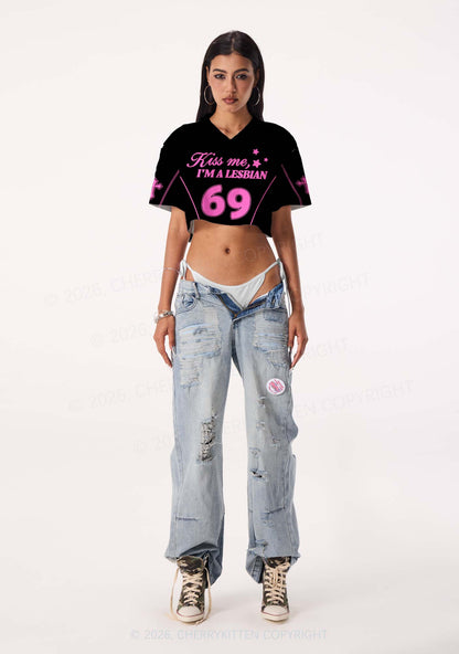 Black Kiss Me Im Lesbian Pride Y2K Crop Sport Jersey Shirts Cherrykitten
