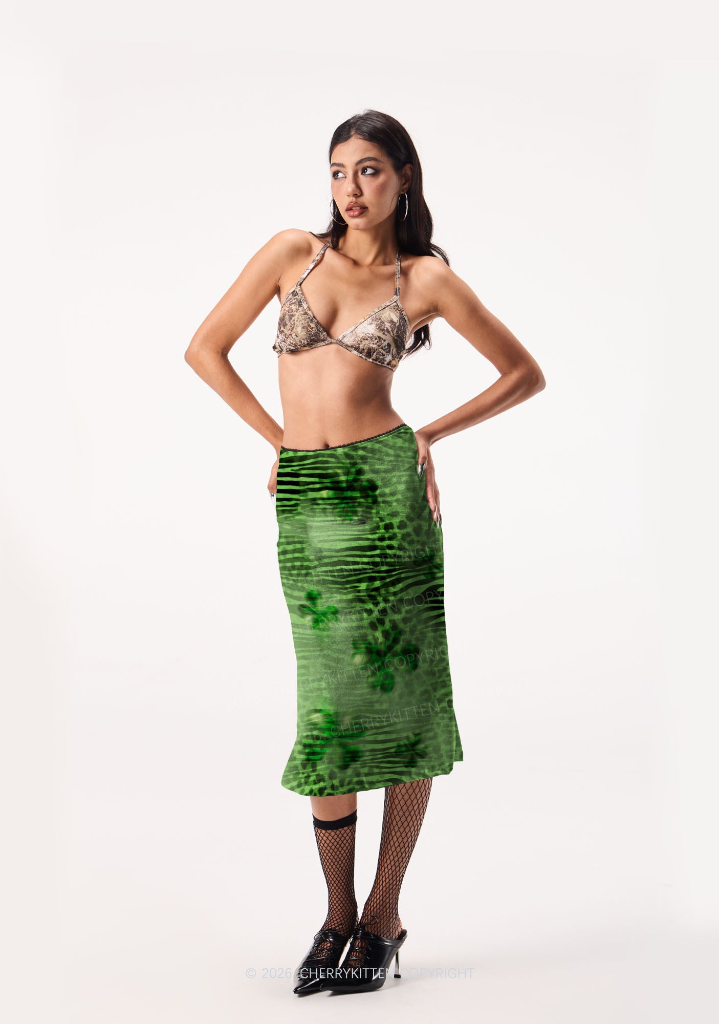 Shamrock Green Leopard St Patricks Y2K Print Midi Skirt Cherrykitten