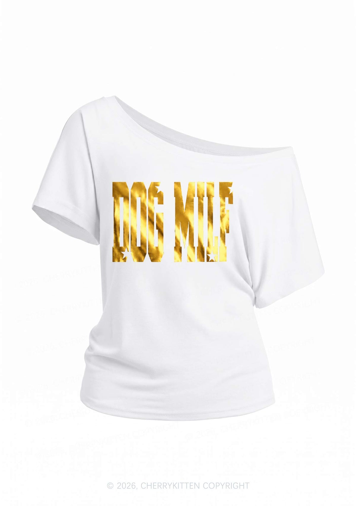 Dog Mxxf Silver Foil Printed Y2K Off Shoulder Tee Cherrykitten