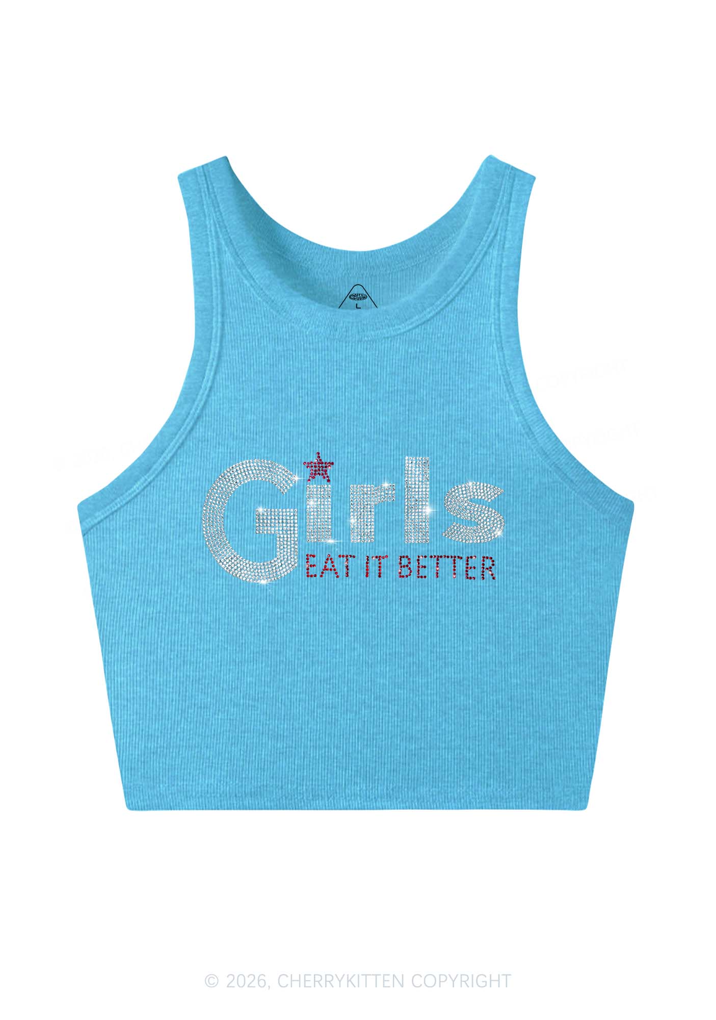 Rhinestone Girls Eat It Better Pride Y2K Crop Tank Top Cherrykitten