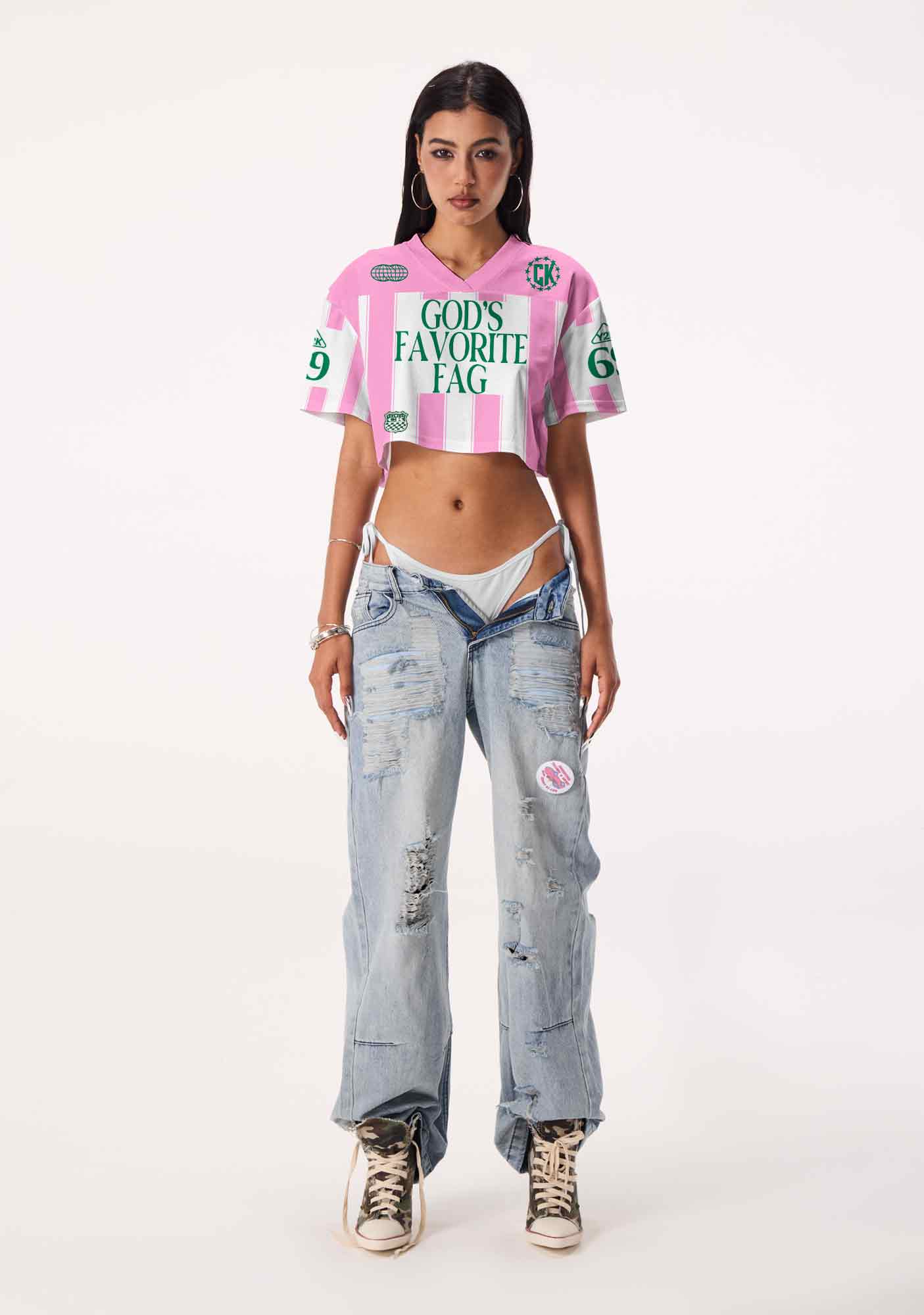 Deep Green Gods Favorite Fag Pride Y2K Crop Sport Jersey Shirts Cherrykitten