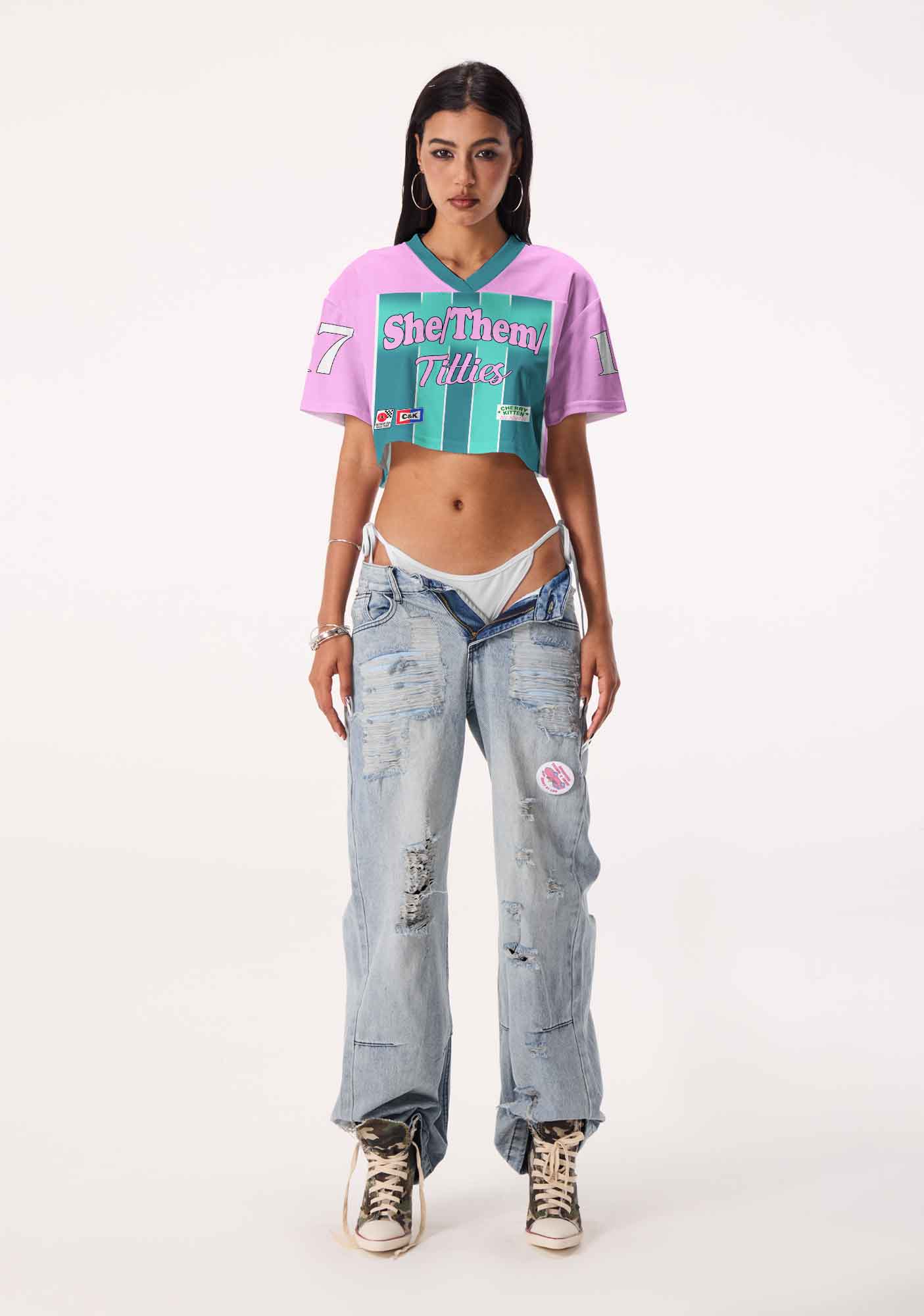 Green Stripes She Them Txtties Pride Y2K Crop Sport Jersey Shirts Cherrykitten
