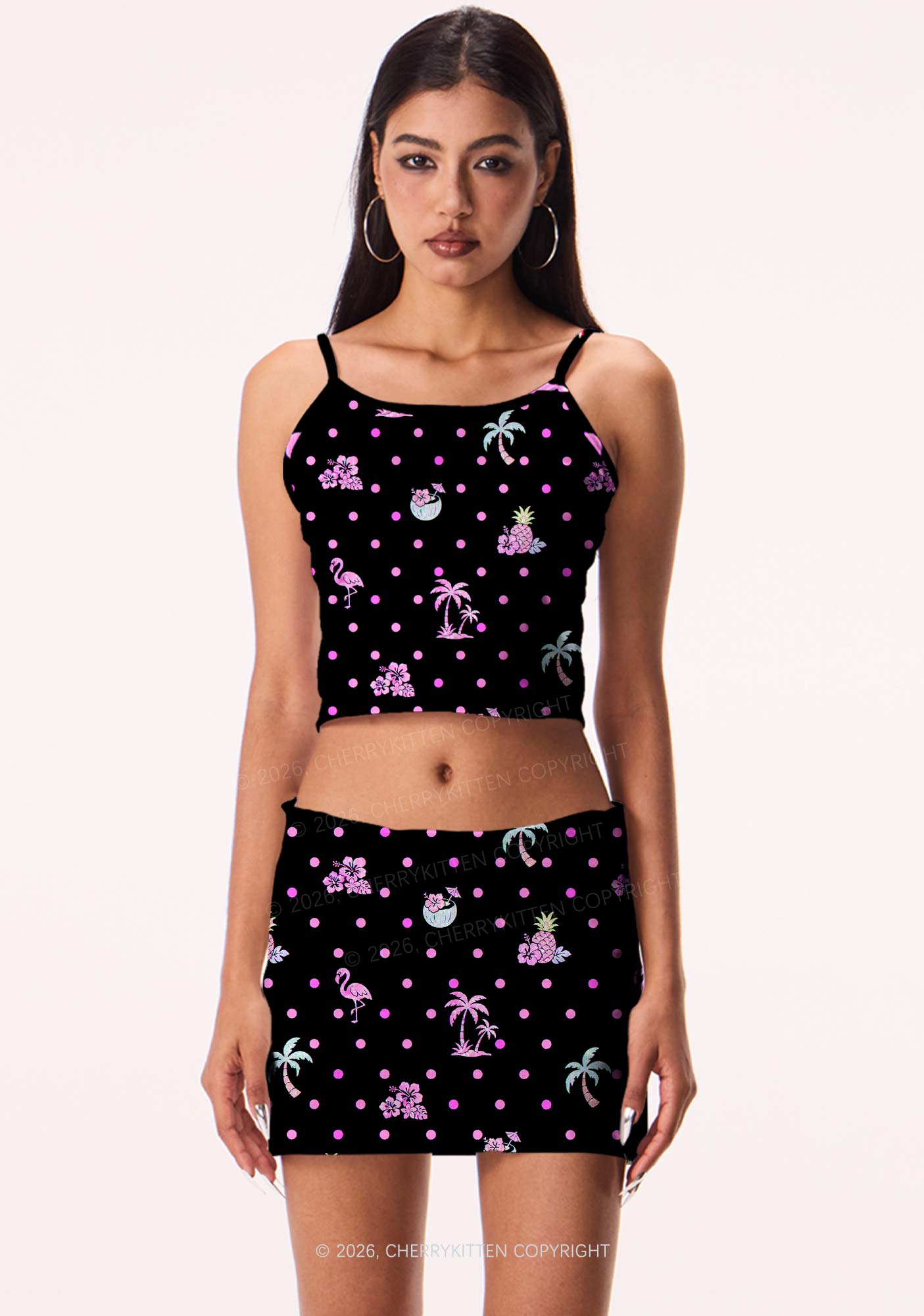 Pink Dots Palm Tree Y2K Print Mini Skirt Cherrykitten