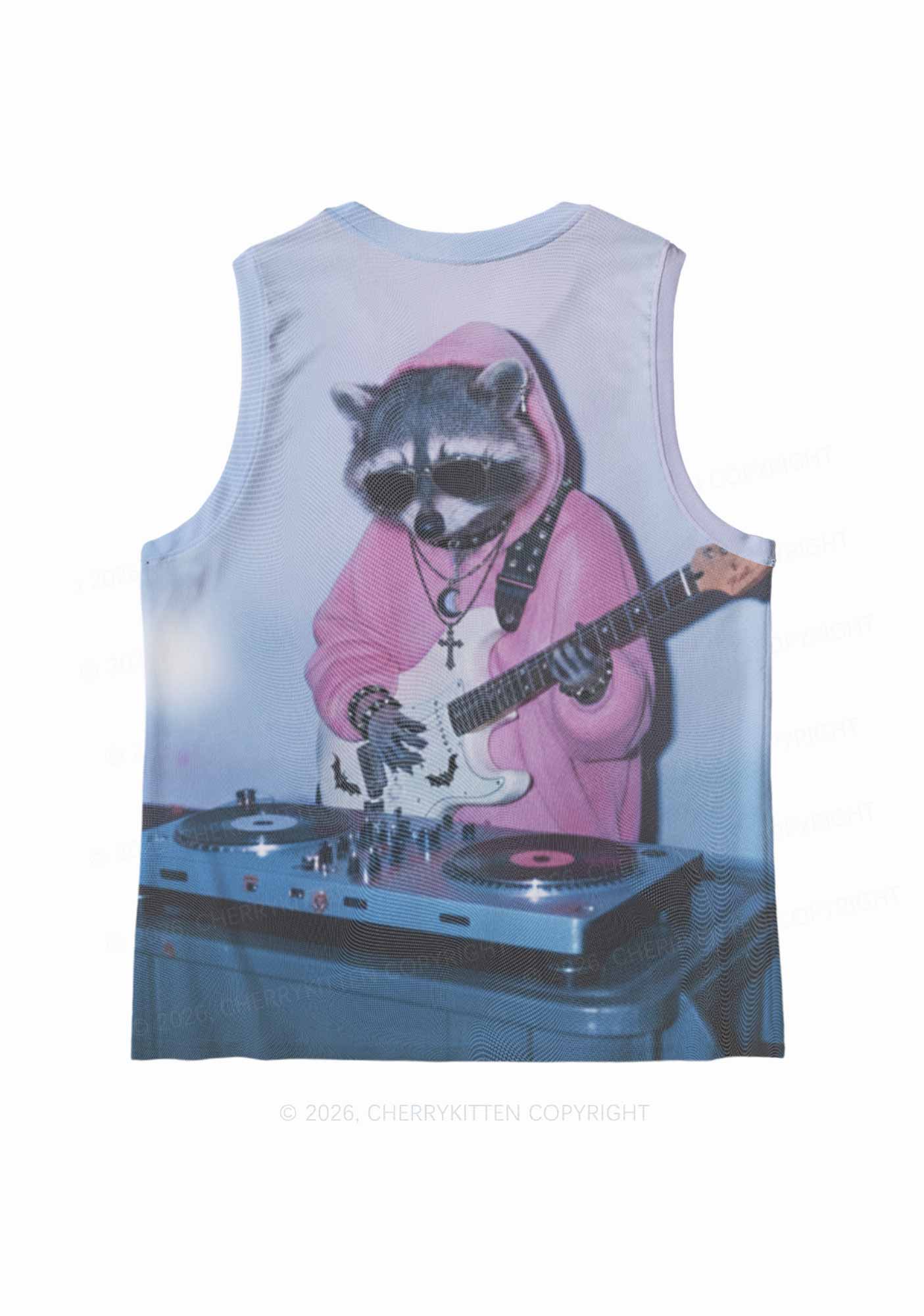 Pink Hoodie Raccoon DJ Y2K Mesh Muscle Tank Cherrykitten