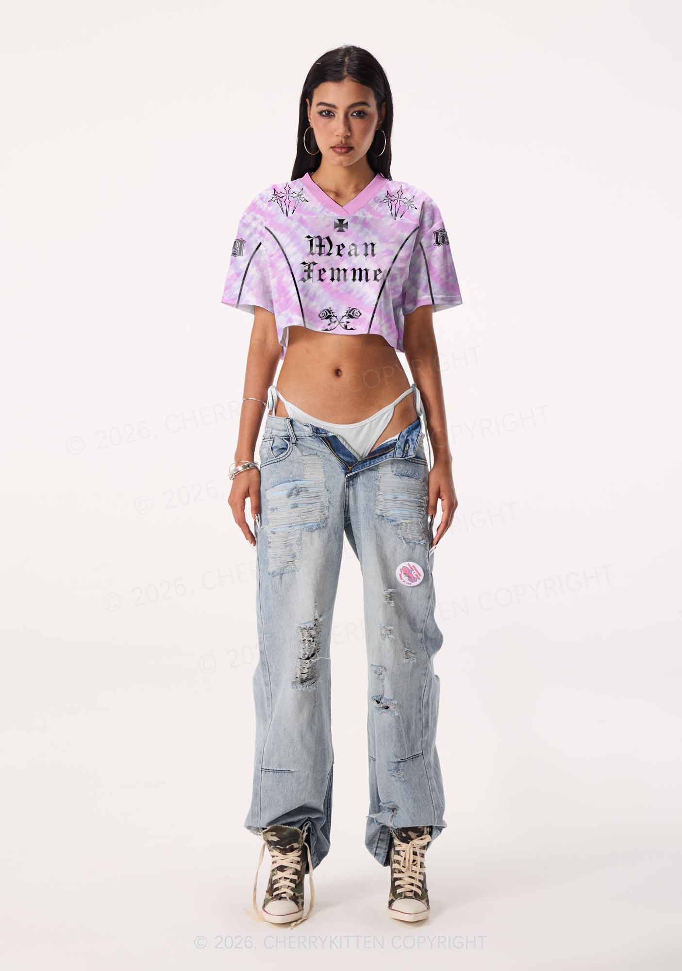 Mean Femme Pink Tie Dye Pride Y2K Crop Sport Jersey Shirts Cherrykitten