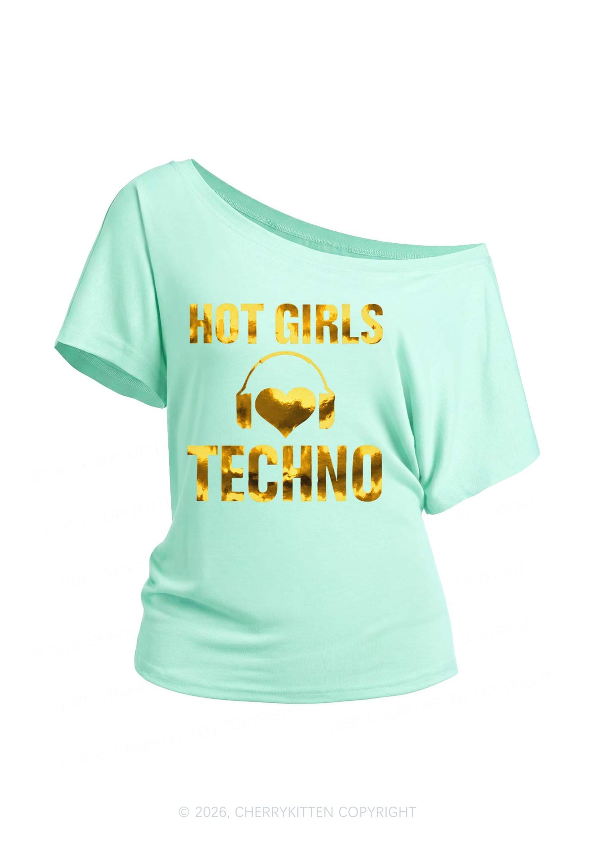 Hot Girls Love Techno Silver Foil Printed Y2K Off Shoulder Tee Cherrykitten
