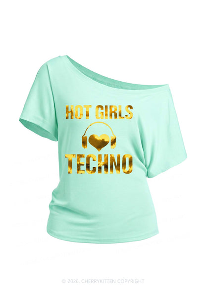 Hot Girls Love Techno Silver Foil Printed Y2K Off Shoulder Tee Cherrykitten