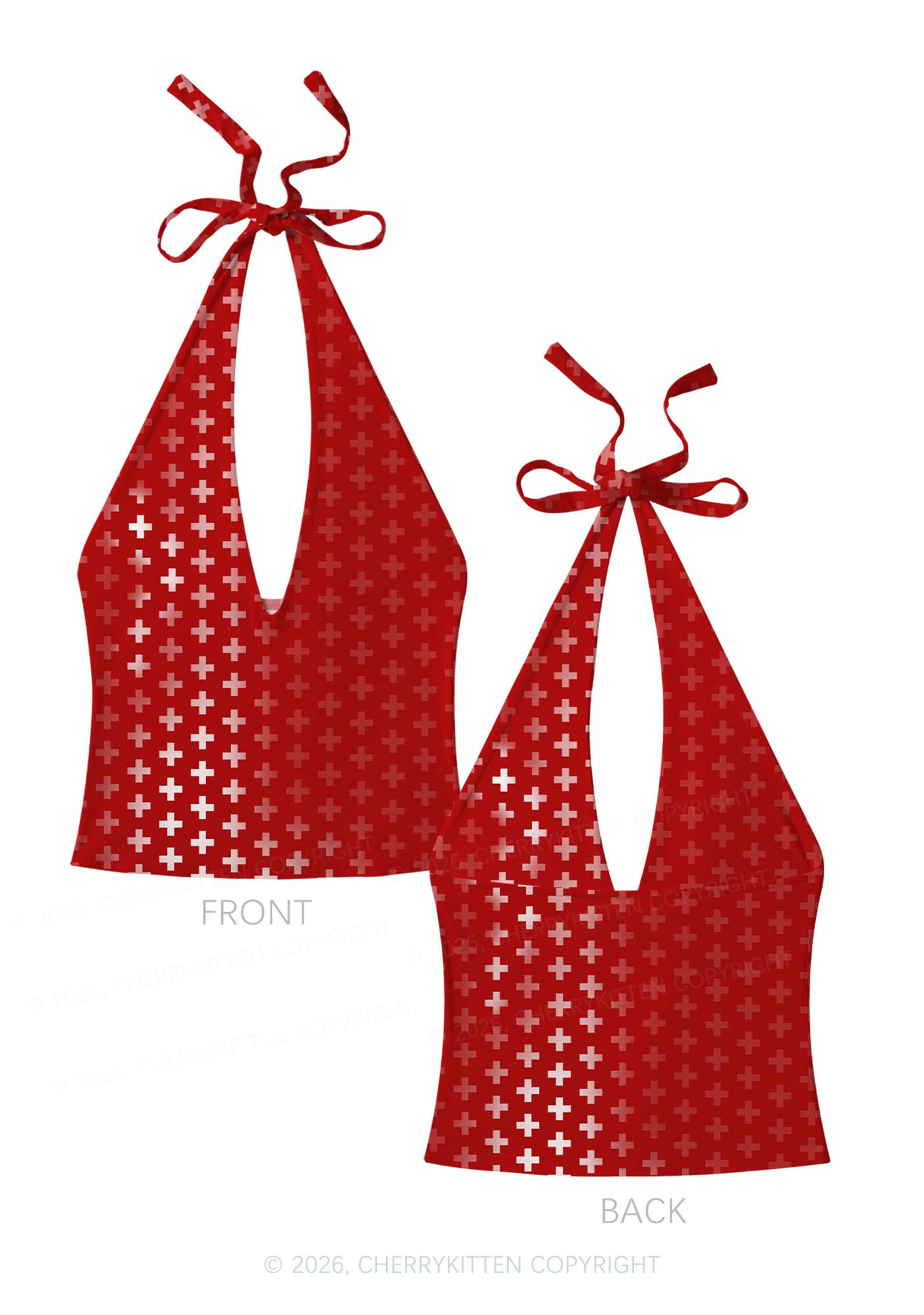 Red White Gradient Cross Y2K Print Halter Deep V Neck Cami Cherrykitten
