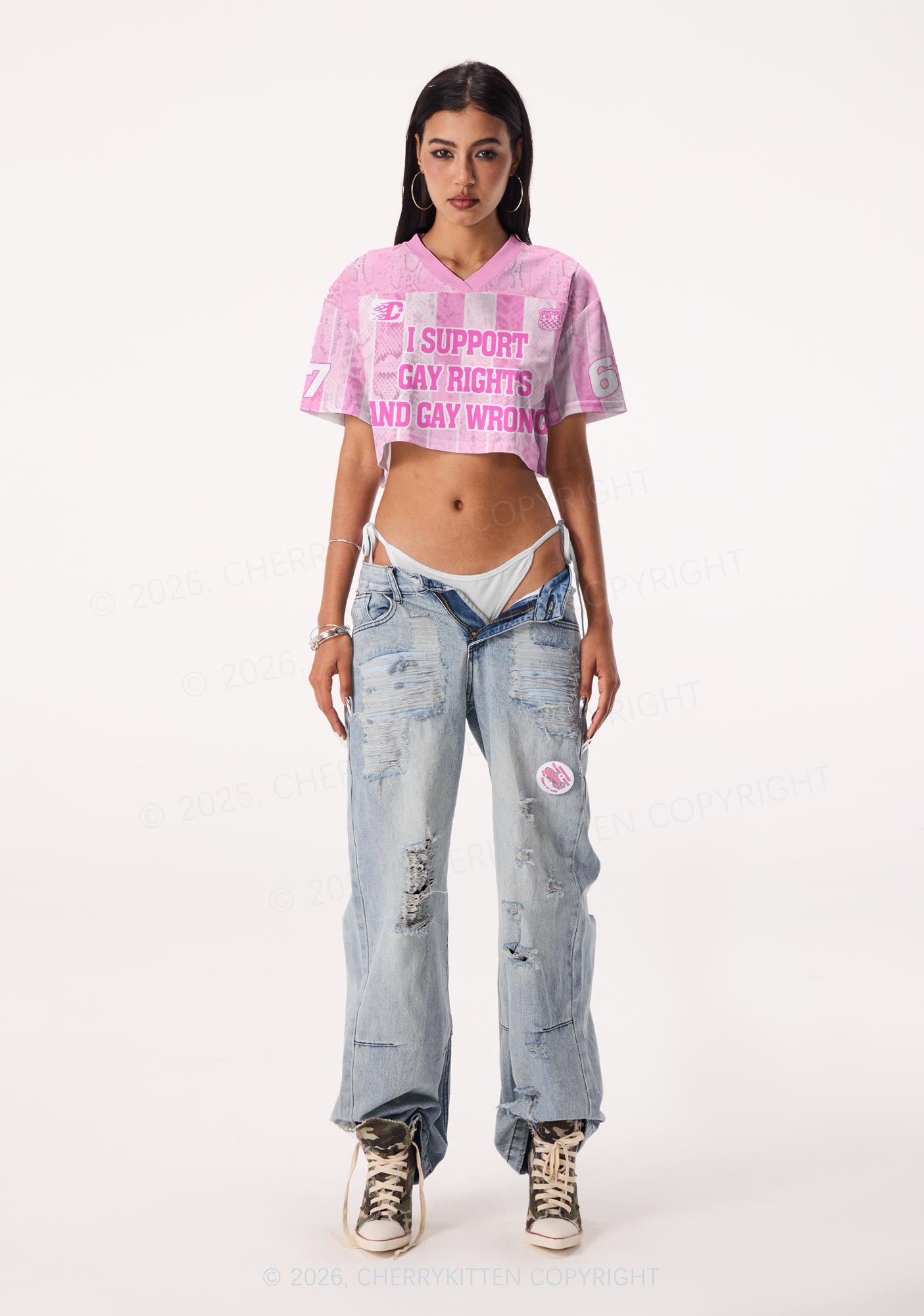 Pink I Support Gay Rights Pride Y2K Crop Sport Jersey Shirts Cherrykitten