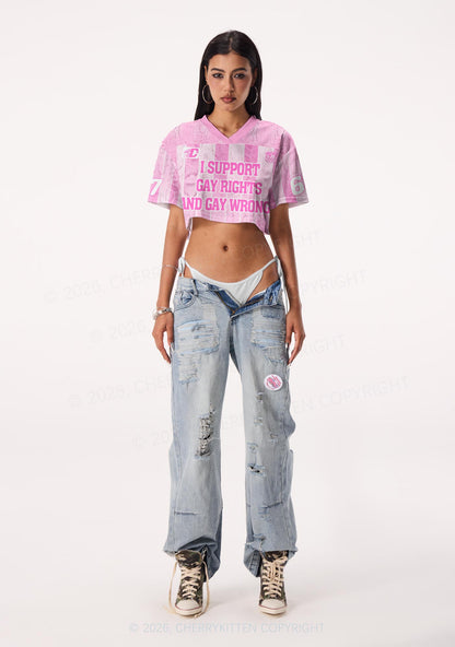 Pink I Support Gay Rights Pride Y2K Crop Sport Jersey Shirts Cherrykitten