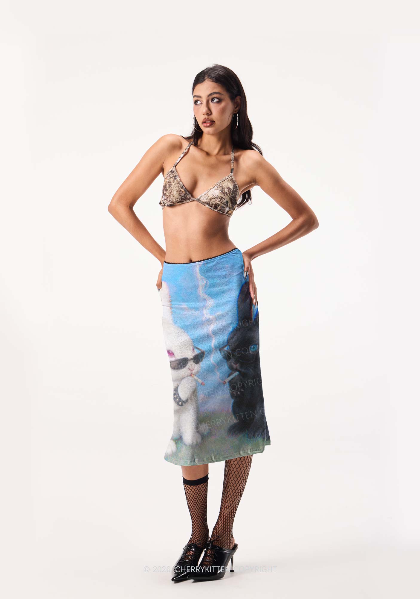 Smoking Punk Bunny Y2K Print Midi Skirt Cherrykitten
