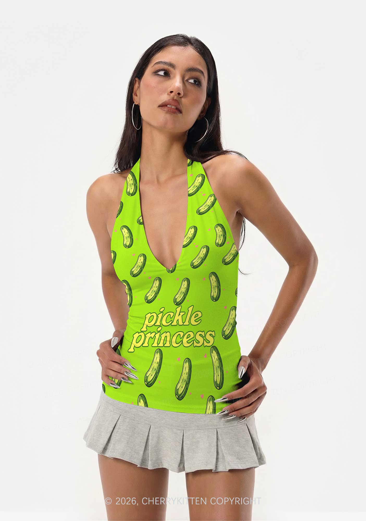 Green Pickle Princess Y2K Print Halter Deep V Neck Cami Cherrykitten