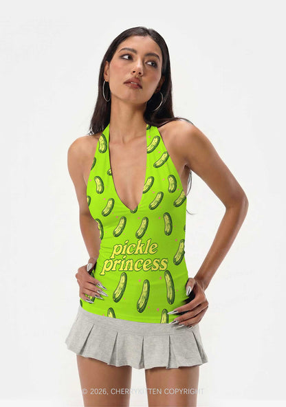 Green Pickle Princess Y2K Print Halter Deep V Neck Cami Cherrykitten