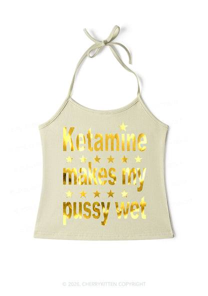 K Makes My Puxxy Wet Silver Foil Printed Y2K Halter Neck Cami Cherrykitten