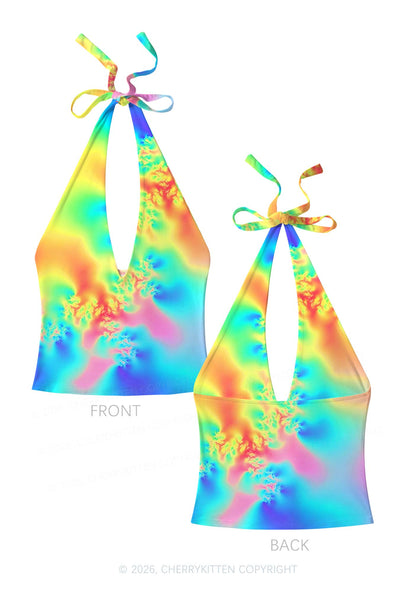 Rainbow Thermal Pride Y2K Print Halter Deep V Neck Cami Cherrykitten