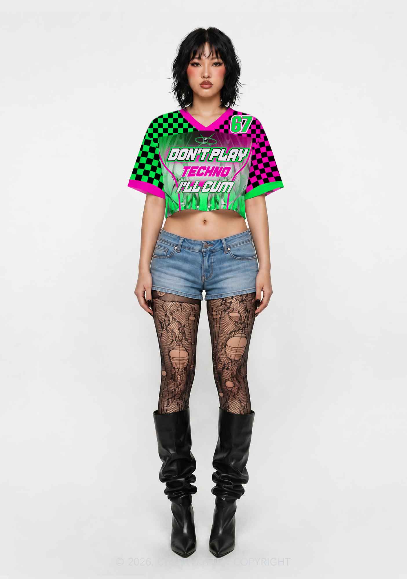 Checkered Dont Play Techno Y2K Crop Sport Jersey Shirts Cherrykitten