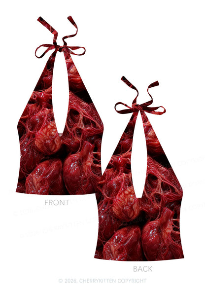 Red Anatomical Hearts Y2K Print Halter Deep V Neck Cami Cherrykitten