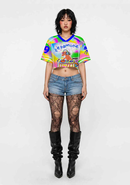 Rainbow K DJ Pony Y2K Crop Sport Jersey Shirts Cherrykitten