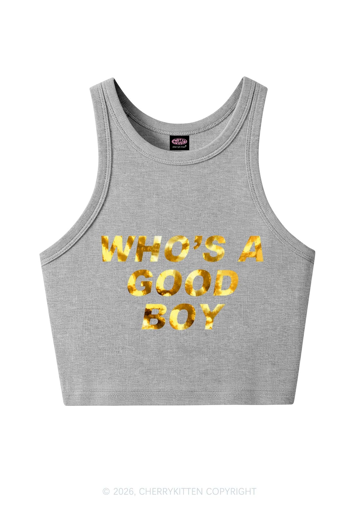 Whos A Good Boy Silver Foil Printed Y2K Crop Tank Top Cherrykitten