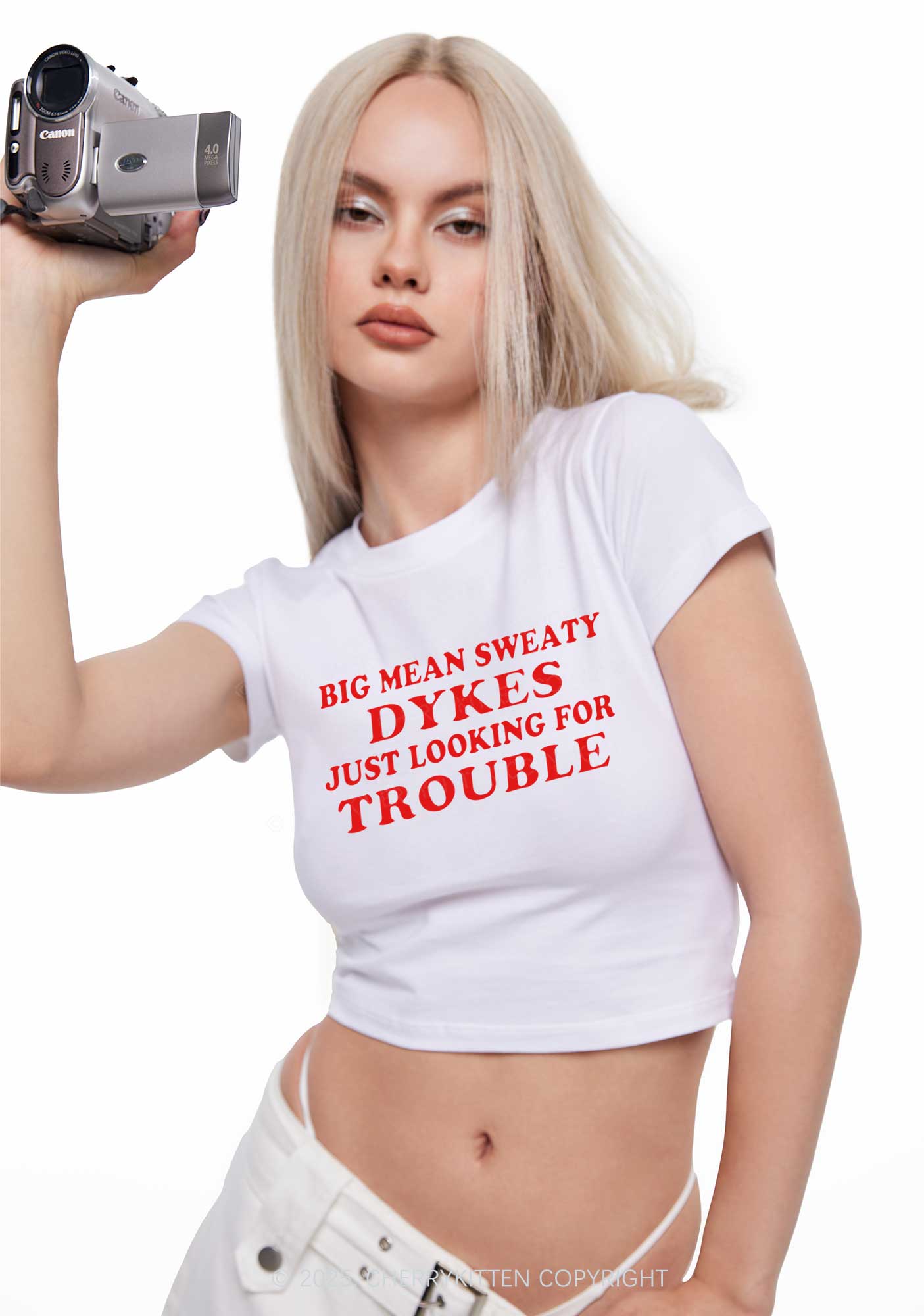 Dykes Trouble Y2K Baby Tee Cherrykitten