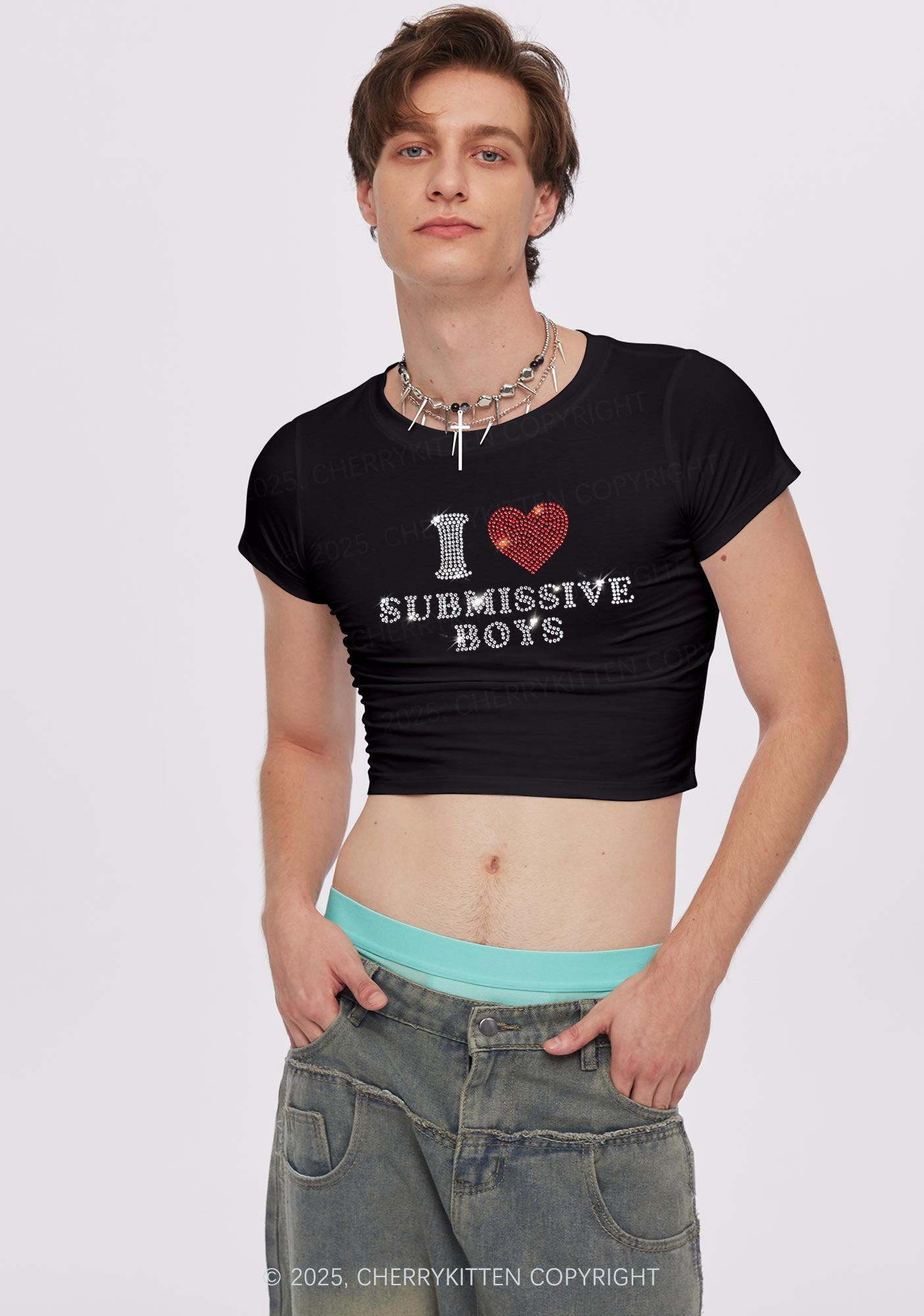Rhinestone I Love S Boys Y2K Baby Tee Cherrykitten