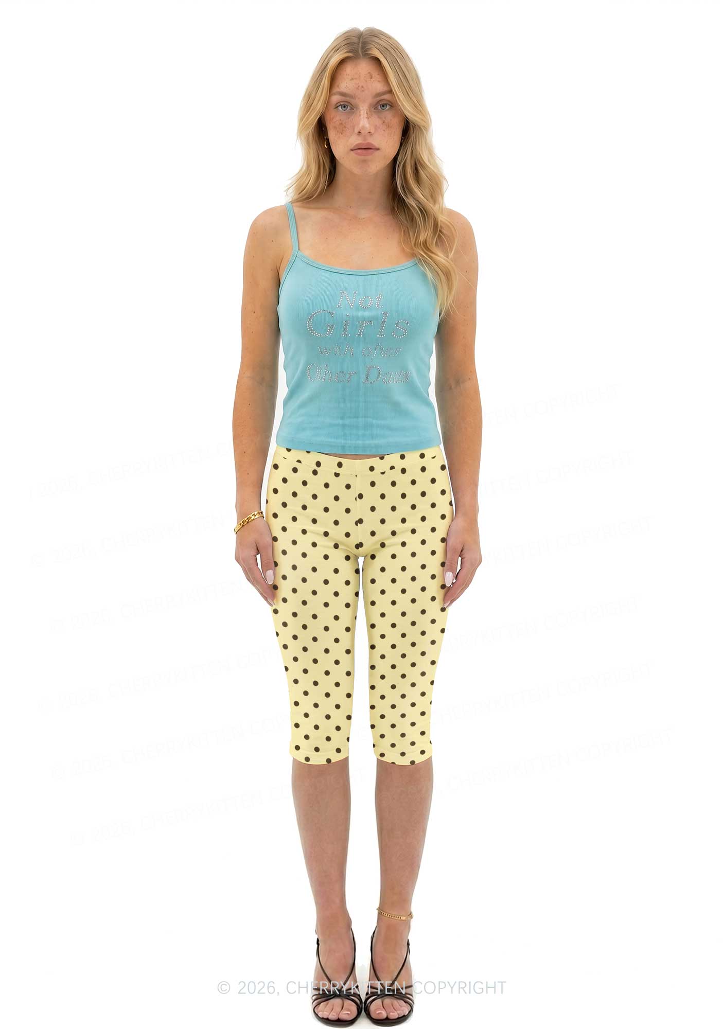 Brown Dots On Yellow Y2K Print Capri Pants Cherrykitten