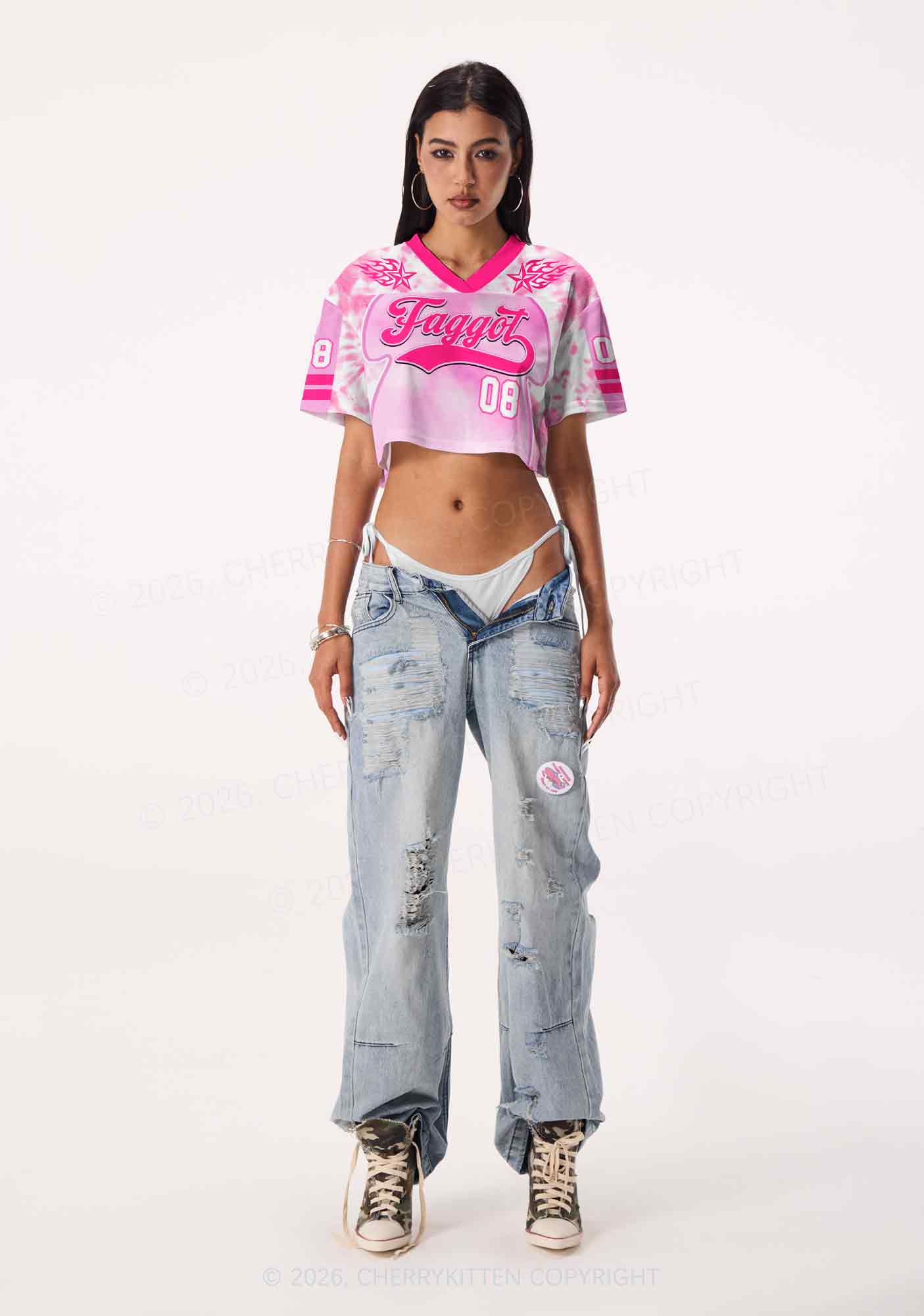 Pink Tie Dye Faggot Pride Y2K Crop Sport Jersey Shirts Cherrykitten
