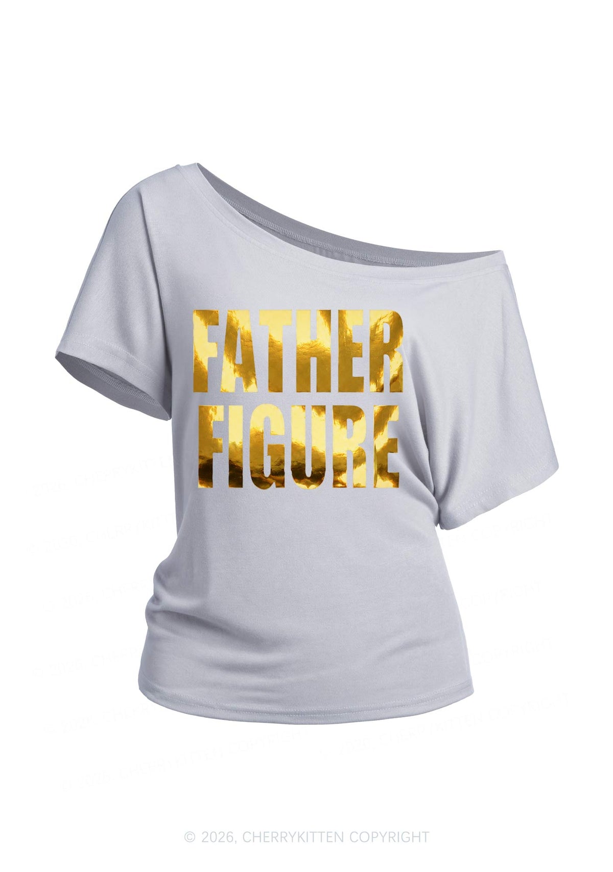 Father Figure Silver Foil Printed Y2K Off Shoulder Tee Cherrykitten