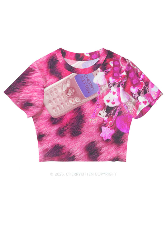 Pink Plush Phone Y2K Mesh Crop Top Cherrykitten