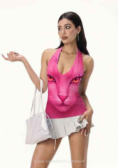 Pink Eyeshadow Cat Y2K Print Halter Deep V Neck Cami Cherrykitten