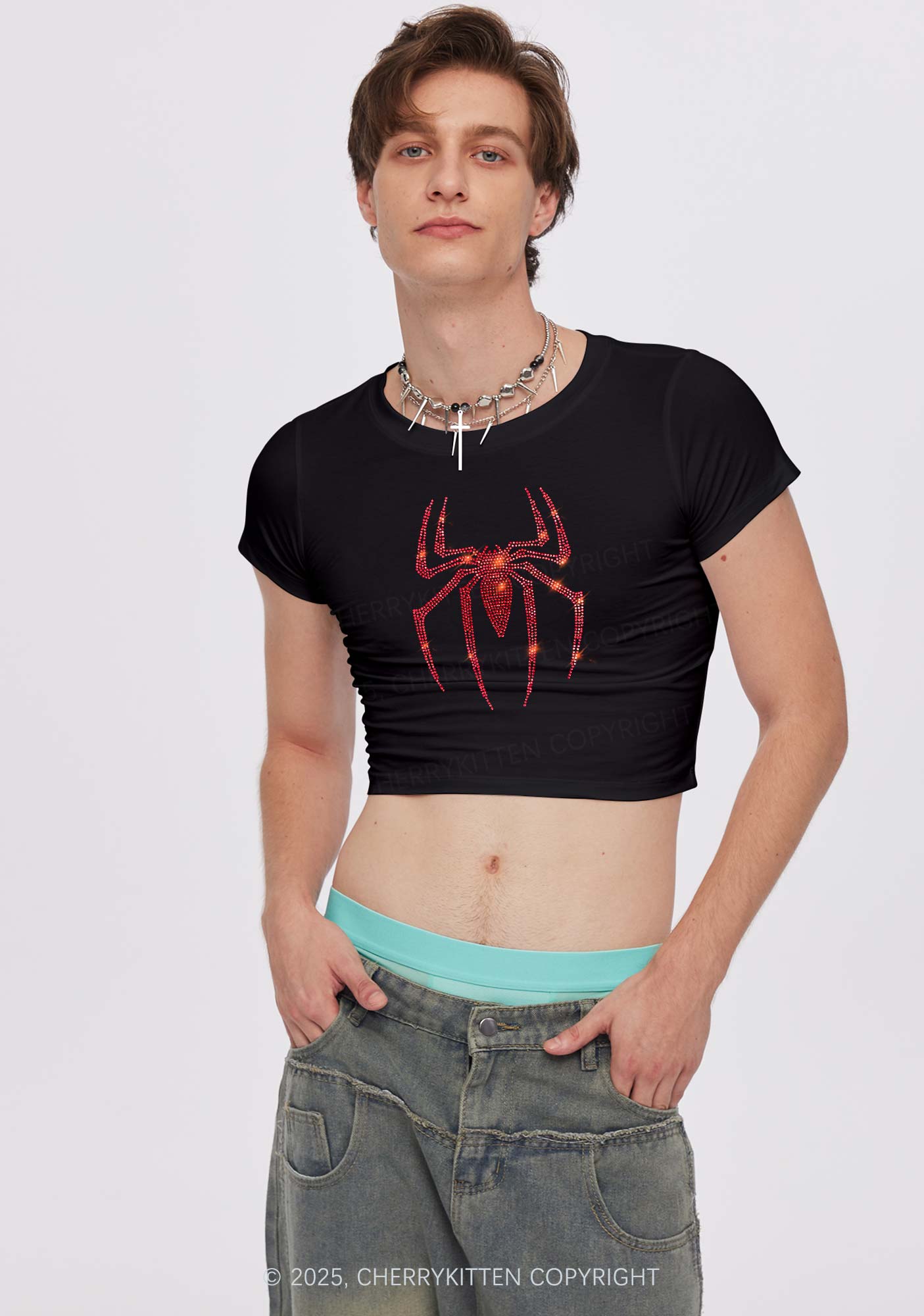 Rhinestone Red Spider Y2K Baby Tee Cherrykitten