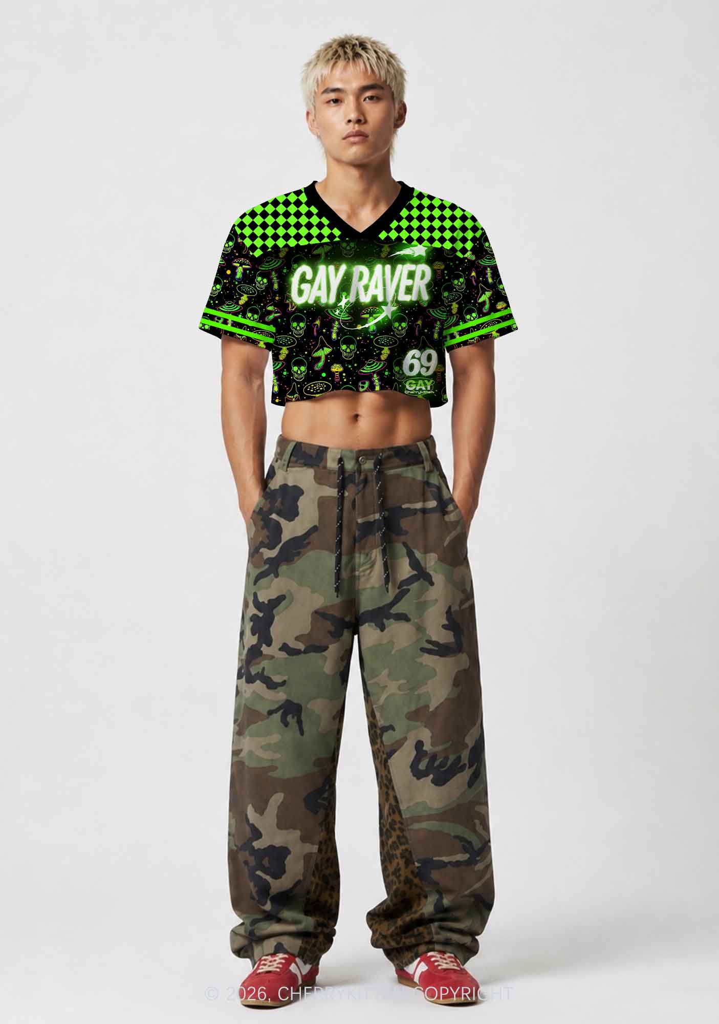Neon Mushroom Skull Gay Raver Y2K Crop Sport Jersey Shirts Cherrykitten