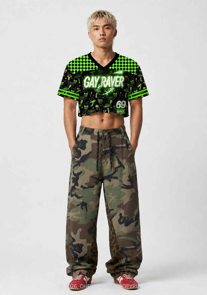Neon Mushroom Skull Gay Raver Y2K Crop Sport Jersey Shirts Cherrykitten