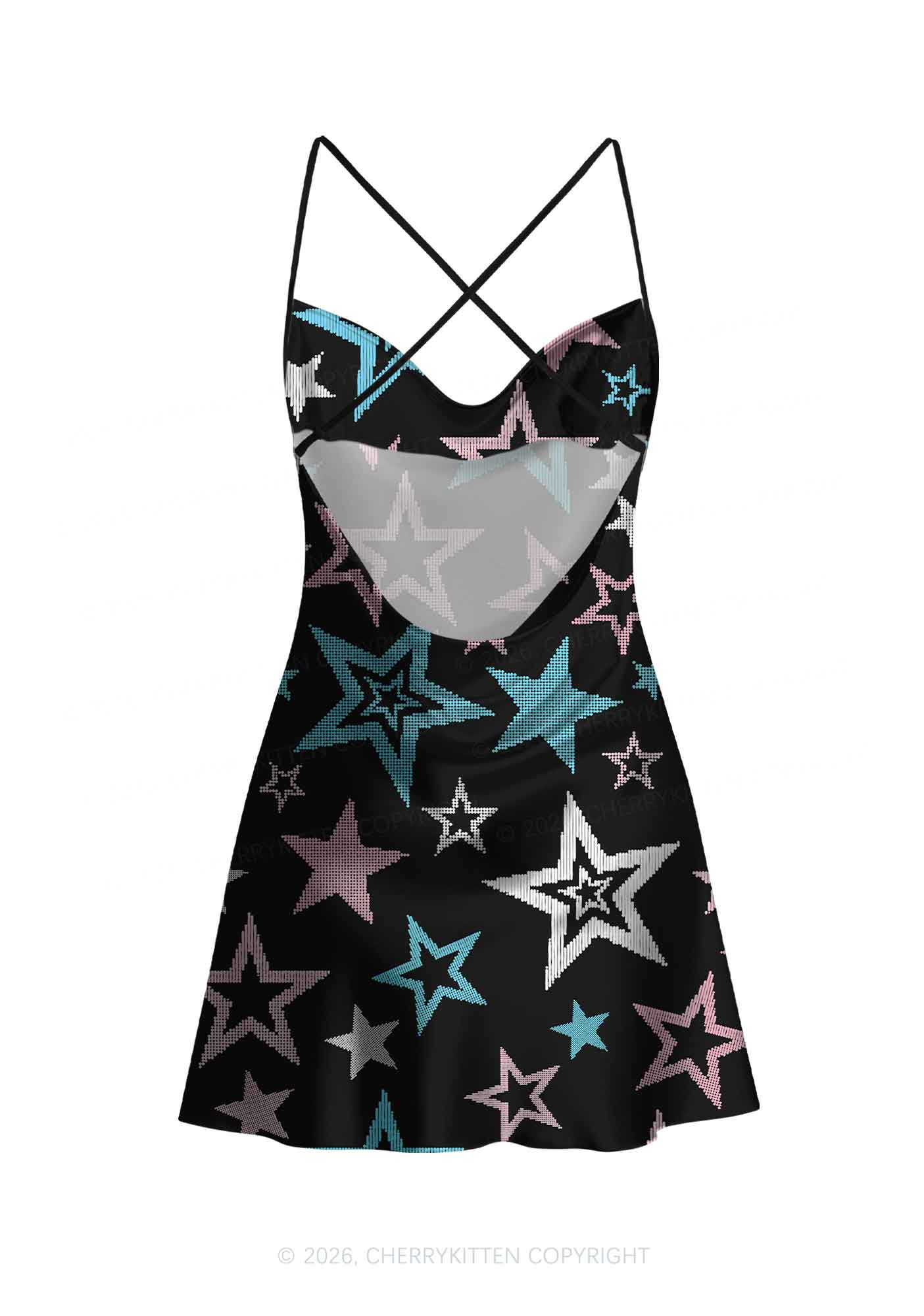 Trans Star Pride Y2K Print Satin Cowl Neck Slip Dress Cherrykitten
