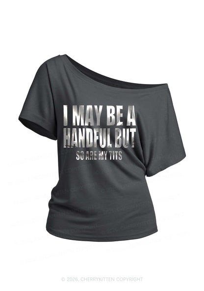 I May Be Handful Silver Foil Printed Y2K Off Shoulder Tee Cherrykitten