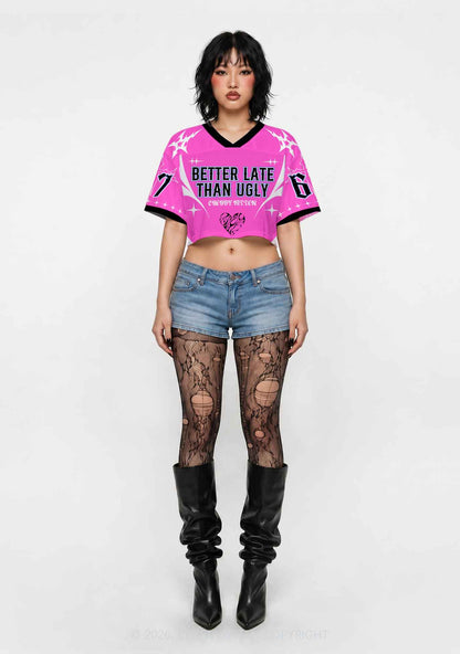 Better Late Than Ugly Y2K Crop Sport Jersey Shirts Cherrykitten