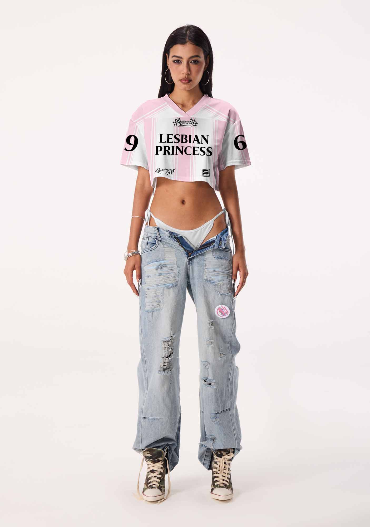 Pale Pink Lesbian Princess Pride Y2K Crop Sport Jersey Shirts Cherrykitten