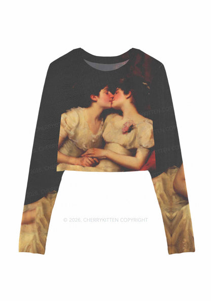 Vintage Women Kissing Pride Y2K Mesh Long Sleeve Crop Top Cherrykitten
