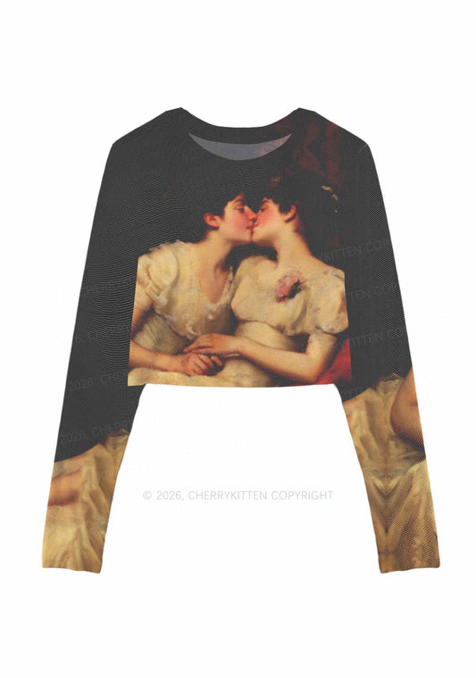 Vintage Women Kissing Pride Y2K Mesh Long Sleeve Crop Top Cherrykitten