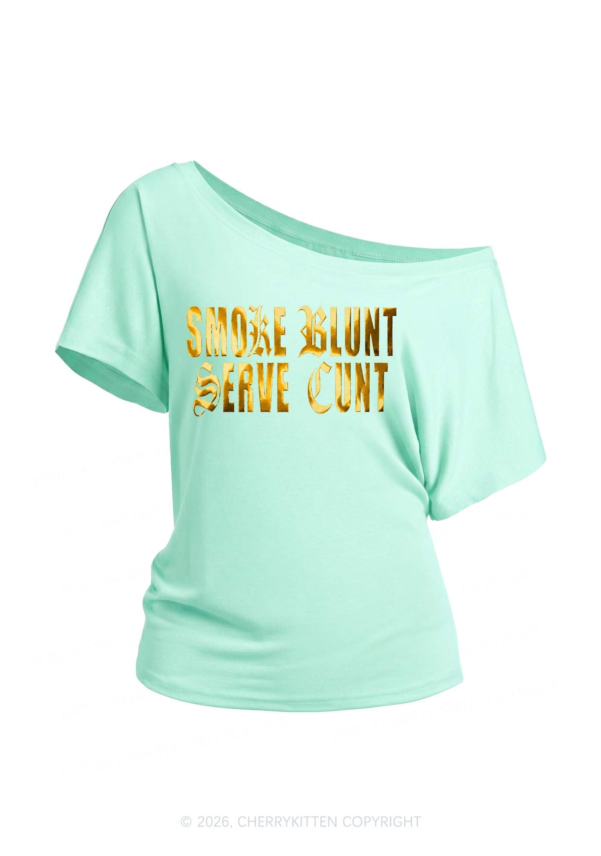 Smoke Blunt Silver Foil Printed Y2K Off Shoulder Tee Cherrykitten