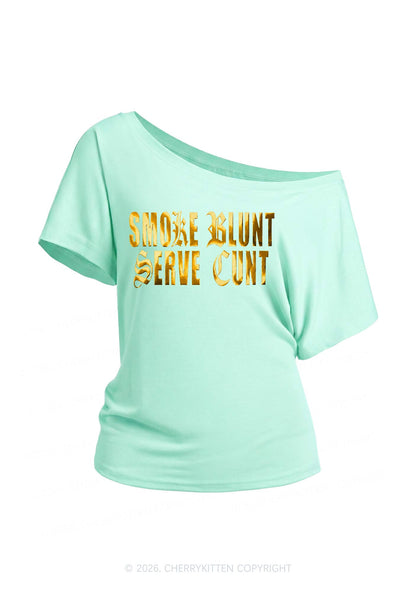 Smoke Blunt Silver Foil Printed Y2K Off Shoulder Tee Cherrykitten
