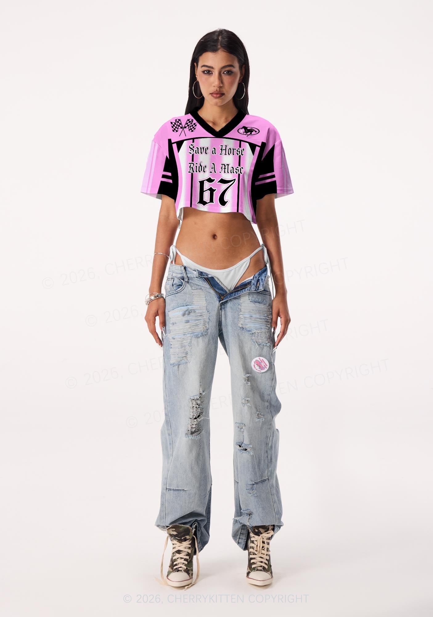Pink Save Horse Ride Masc Pride Y2K Crop Sport Jersey Shirts Cherrykitten