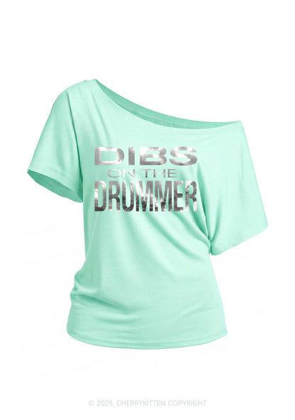 Dibs On The Drummer Silver Foil Printed Y2K Off Shoulder Tee Cherrykitten